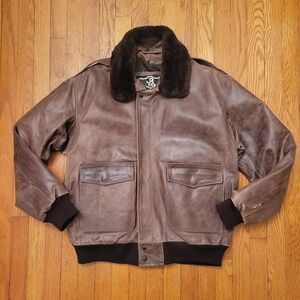 S Brown Leather‎ Bomber Jacket Faux Fur Collar Full Zip Pockets Aviator Flyboy